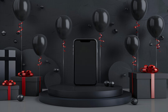 Stylish product launch scene with a modern smartphone amidst elegant black and red themed decorations