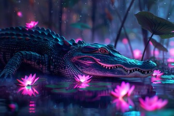Glowing lily petals drift onto the shore of the neon swamp as the cyberpunk alligator surveys its domain