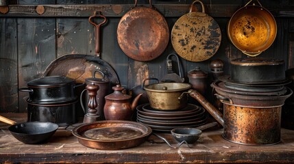Antique kitchenware, antique pans and pots