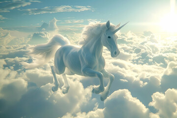fantastic beautiful white unicorn jumps through the sky among the clouds at dawn