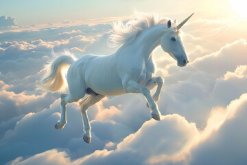 fantastic beautiful white unicorn jumps through the sky among the clouds at dawn