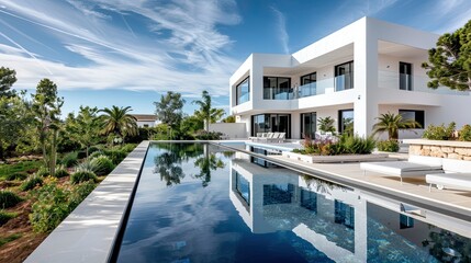 The contemporary lines of a white villa's exterior, with a pool that mirrors the sky and a garden that grounds the home in nature's embrace