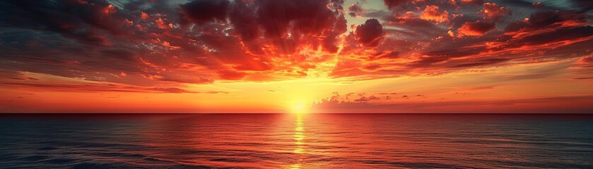 Obraz premium Breathtaking sunset wallpaper showcasing the sky ablaze with vivid orange and red hues over a tranquil ocean