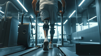 A determined athlete with a prosthetic leg running on a treadmill in a modern gym.