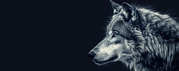 Artistic wolf wallpaper with a detailed ink sketch of a wolfs face, set against a stark black background for dramatic effect