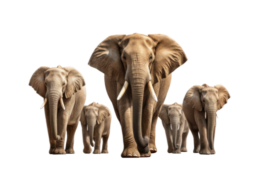 Majestic Elephants Roaming the Blank Canvas on White or PNG Transparent Background.