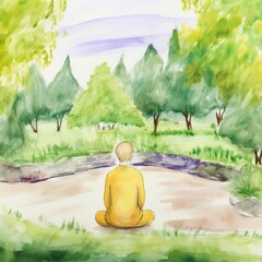 meditation garden, meditating in a peaceful garden within an arboretum - obrazy, fototapety, plakaty