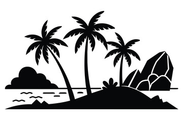 Tropical beach landscape with palm trees and rocks on the seashore cartoon vector illustration