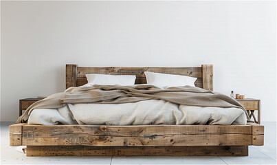 The rustic wooden bed against an empty white wall with the Scandinavian loft interior design of a modern bedroom.
