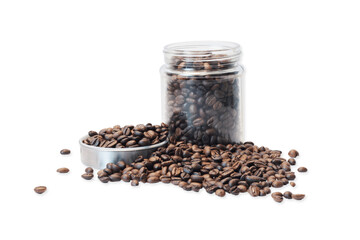 Roasted Coffee beans packed in a clear glass jar with a lid open close-up white background