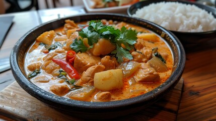 Traditional chicken curry served in a hot sizzling pot with potatoes, red peppers, and coriander.