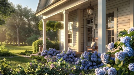 The elegant facade of a country farm house with a porch, flanked by blooming hydrangeas