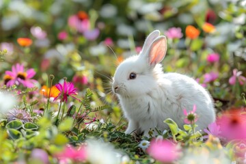 Adorable wallpaper with a fluffy white bunny surrounded by spring flowers and soft green grass