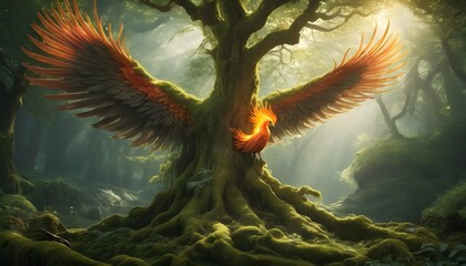 Enchanting Ancient Forest With A Luminous Phoenix