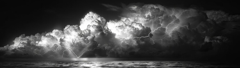 A mesmerizing cool wallpaper of a lightning storm over the ocean, captured in dramatic monochrome