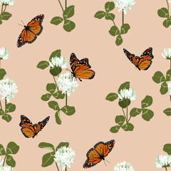 Clover flowers and leaves with butterflies on a beige background.
