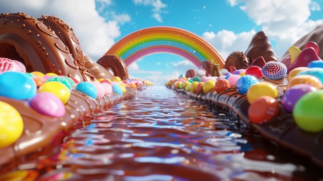 Imaginative scene of a chocolate river flowing between candy-covered banks under a vibrant rainbow in a clear sky.