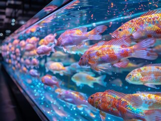 Vibrant and colorful fish swimming in a large aquarium, creating a mesmerizing visual display of aquatic life. - Powered by Adobe