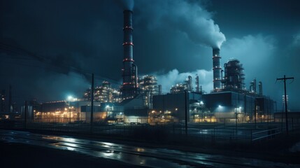 Fototapeta premium Gas power plant and factory building at night Gives out a lot of smoke.