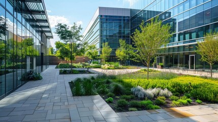 Urban Garden with Modern Glass Building and Lush Landscaping