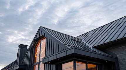 Fototapeta premium House roof, black steel roof, folded seam type modern house concept