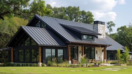 House roof, black steel roof, folded seam type modern house concept