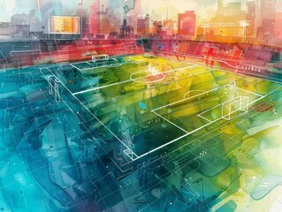 Artistic rendering of a futuristic soccer stadium integrated into a colorful urban landscape, blending sports with modern art.