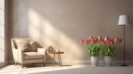 Sofa, armchair in bright living room and a vase of tulips on the table