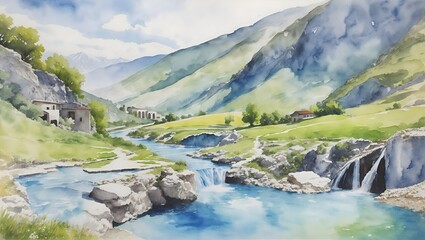 The Blue Eye Albania Country Landscape Illustration Art