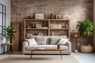 The interior of a loft-style living room with a comfortable sofa, pillows, and shelves is inviting.