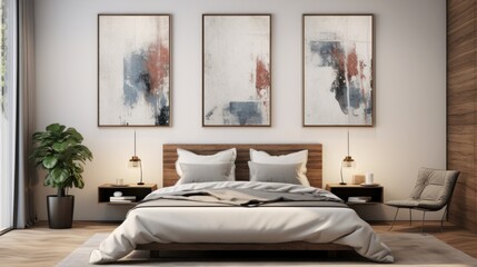 The interior of the bedroom has a luxurious style. with beautiful paintings on the walls