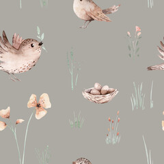 Watercolor Woodland birds seamless pattern. Fabric wallpaper forest with baby bird and nets, Floral flower forest, Nursery background