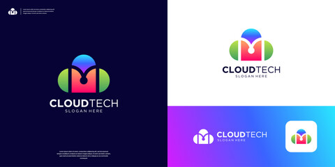 Colorful letter M cloud logo design computing server database.