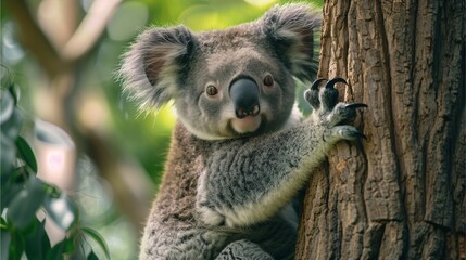 Image of a koala climbing a tree and looking at the camera.