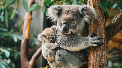 Fototapeta premium Picture of a koala climbing a tree with a baby on its back.