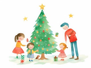 Christmas tree decorating, family decorating a Christmas tree