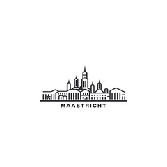 Maastricht cityscape skyline city panorama vector flat modern logo icon. Netherlands, Holland town emblem idea with landmarks and building silhouettes. Isolated thin line graphic