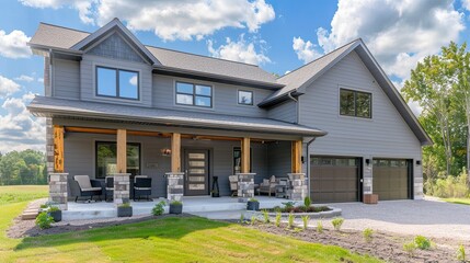 The fresh look of a new construction home with contemporary gray siding, stone columns, and a pair of garages, the front porch adorned with modern furniture at noon