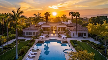 The golden sunrise casting a warm glow over a sprawling luxury pool home surrounded by palm trees