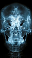 Fototapeta premium X-ray image showcasing a human skull, detailed view of cranial structure, in a dark background --ar 9:16 --stylize 500 Job ID: 329af390-c094-41c0-9721-114ea2365ad0