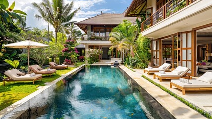 The inviting exterior of a tropical villa with a pool surrounded by a manicured garden and sun beds