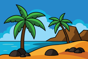 Tropical beach landscape with palm trees and rocks on the seashore cartoon vector illustration