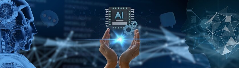 Concept, communication, AI, graphic display like global internet-connected AI, artificial intelligence Using commands to create something Future technological changes: Chatbot, chat with AI