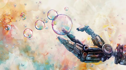 Artistic watercolor capturing a robot's metallic hand gently blowing soap bubbles, the festival atmosphere vibrant with summer hues