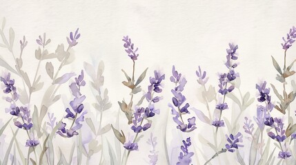 Naklejka premium Gentle watercolor illustration of lavender sprigs against a soft white background, their soothing presence ideal for a peaceful clinic environment