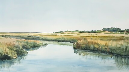 Obraz premium Artistic watercolor depicting a gentle meadow under a wide, calming horizon, the delicate strokes evoking peace and comfort for patients
