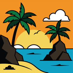 Tropical beach landscape with palm trees and rocks on the seashore cartoon vector illustration