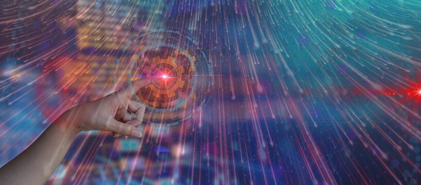 Human hands touch the global network infrastructure of customer data verification, communication, CRM, customer service