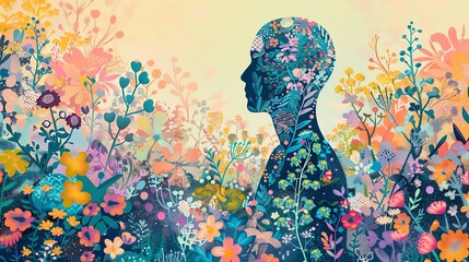 A 2D pastel illustration of a human silhouette filled with various floral patterns and geometric shapes, standing in a blooming garden