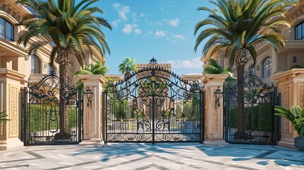 The luxurious appeal of a villa's entrance gate, with wrought iron details and palm trees standing...